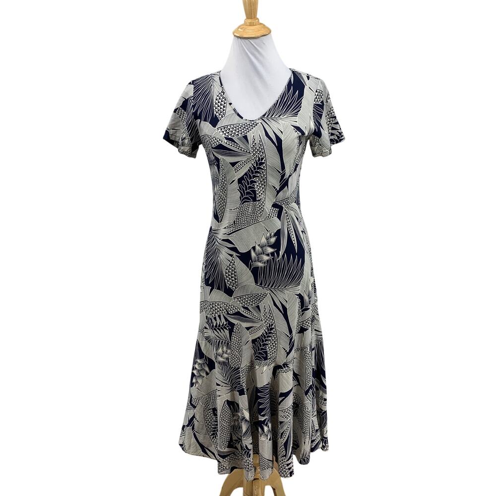 Hilo Hattie Dress Womens XS Extra Small Hawaiian Ivory Navy Tea Length Flounce